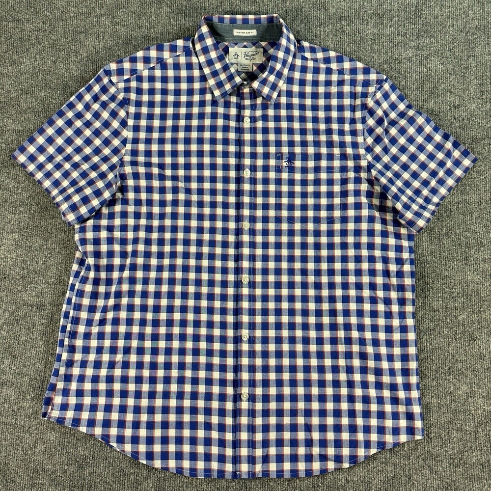 Penguin Shirt Mens XL Blue Heritage Slim Fit Check Short Sleeve Button